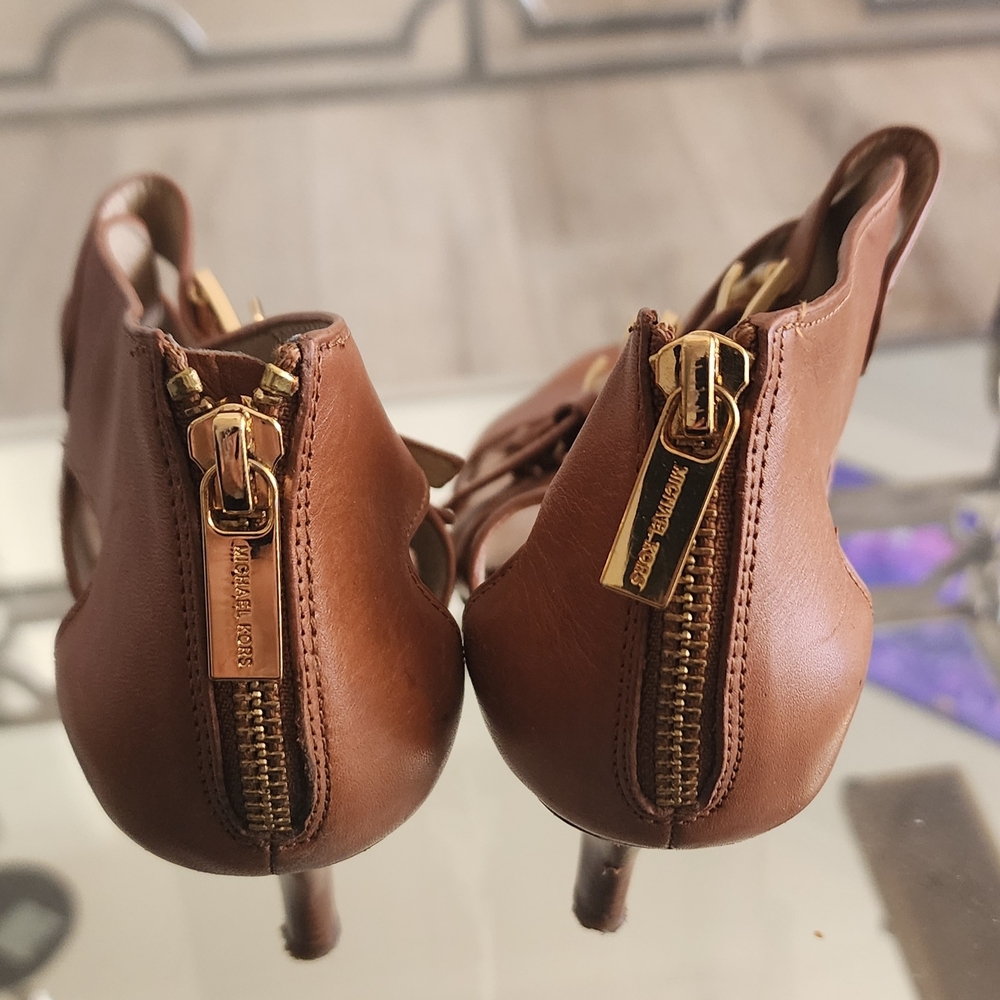 Michael Kors Cognac Brown Leather Triple-Buckle Heeled Sandals - Picture 4 of 5